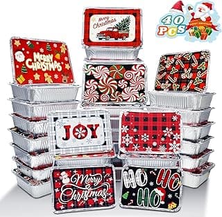 Conjunto De 40 Recipientes De Alumínio Natalinos Com Tampas, 9 Modelos Diferentes, 18 Cm X 13 Cm X 5 Cm, Recipientes Retangulares Descartáveis Para Doces, Biscoitos E Outros Itens, Ideais