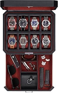 ROTHWELL Caixa de relógio de couro com 8 compartimentos com gaveta de manobrista - Organizador de joias de luxo, suporte de caixa de exibição com trava, parte superior de vidro real - organizador de