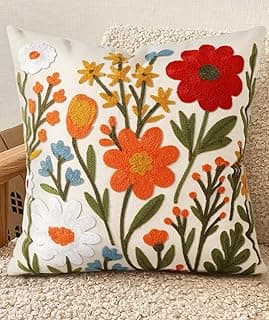 Capas de almofada bordadas 45,7 x 45,7 cm - Capa de almofada decorativa boho de verão com zíper para sala de estar, sofá, cama, design estético, flor, conjunto de linho, fronha