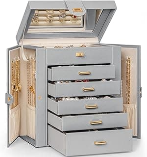 AKOZLIN Caixa organizadora de joias de 6 camadas, funcional, 5 gavetas, estojo de armazenamento de joias de couro para mulheres, meninas, anel, colar, brinco, pulseira, organizador com espelho cinza